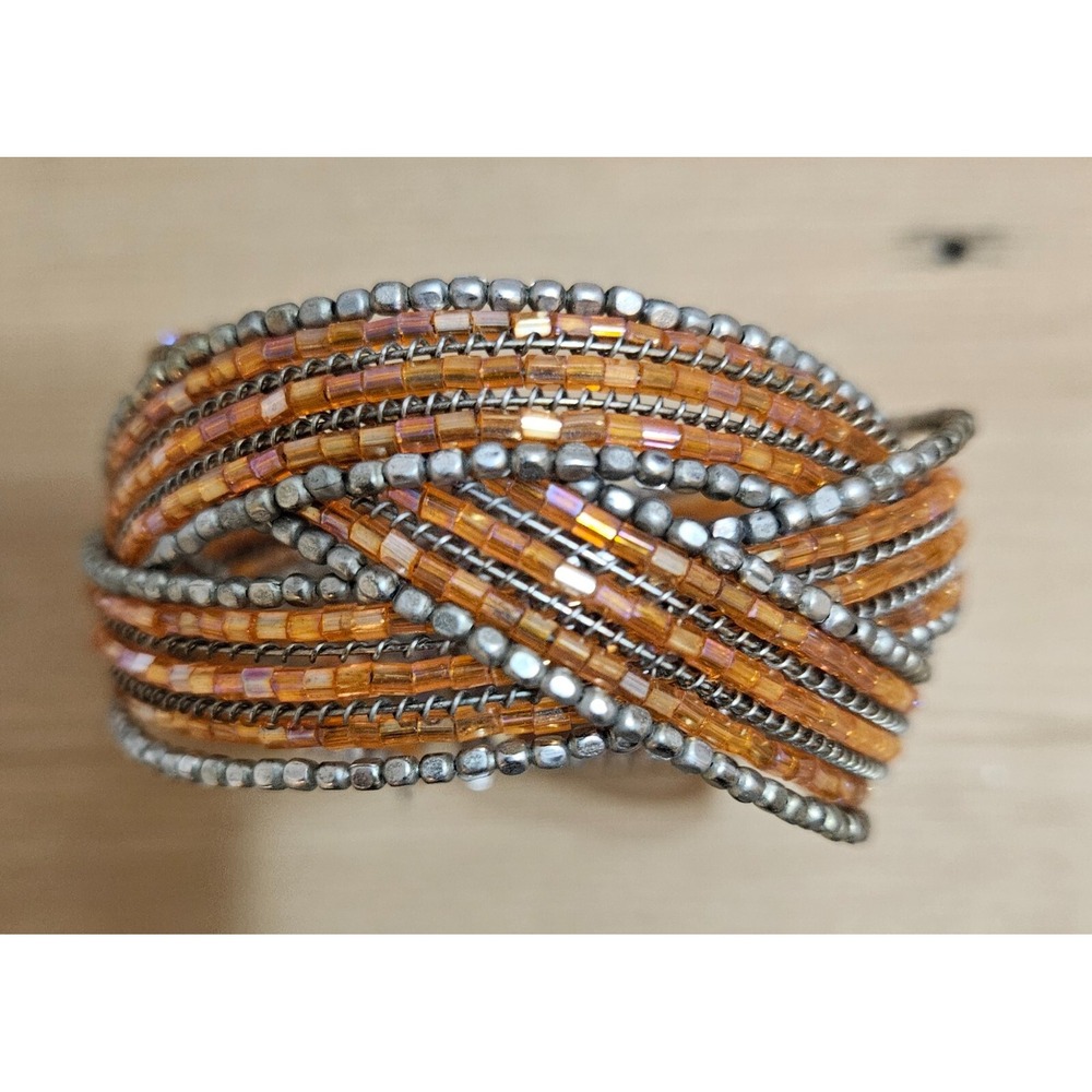 Beaded Cuff Bracelet Orange Silver Tone‎ Fashion Jewelry Statement Piece Vintage